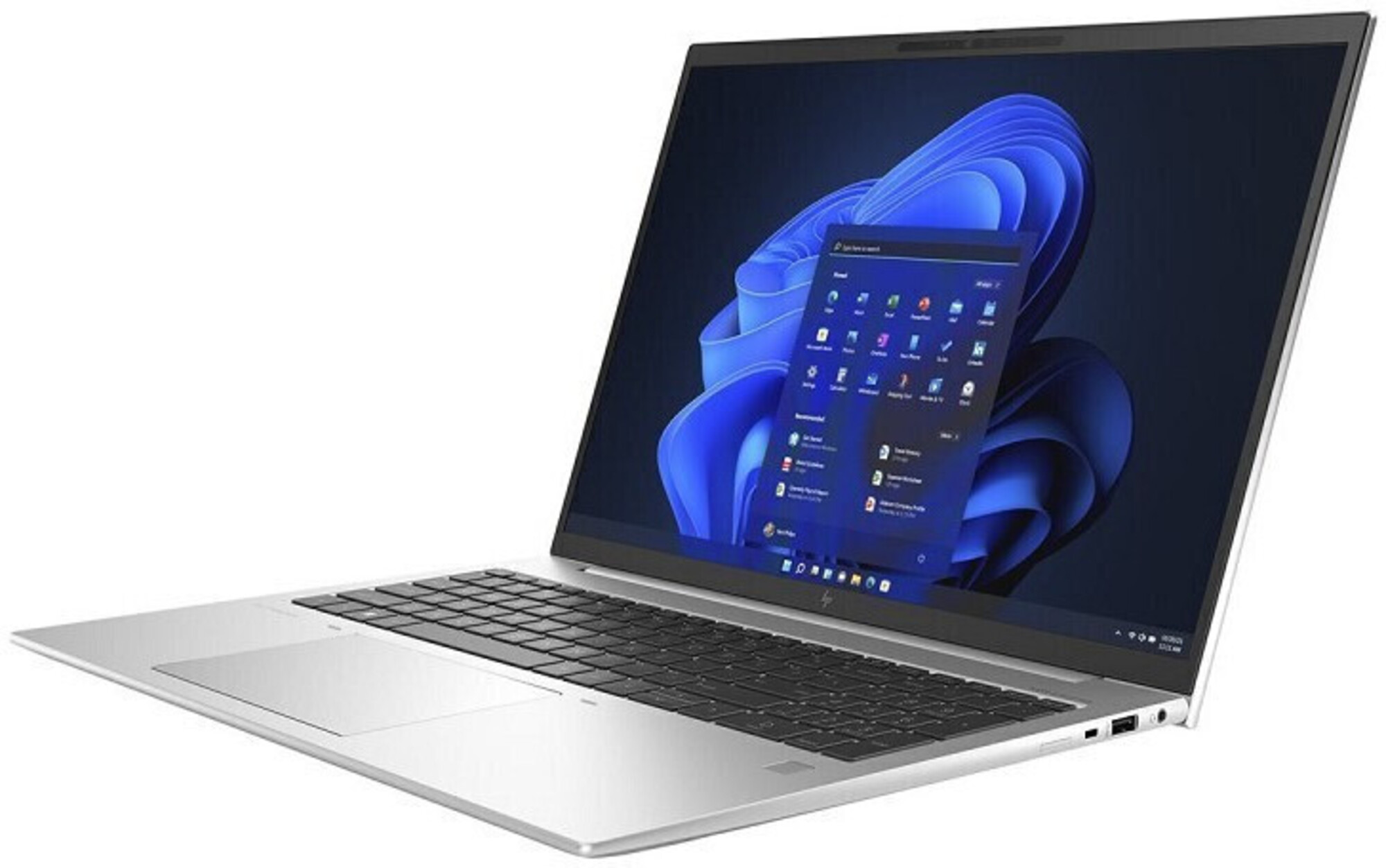 Ein silberner Laptop mit einem dunklen Bildschirm, der ein blaues abstraktes Muster und ein geöffnetes Fenster anzeigt.