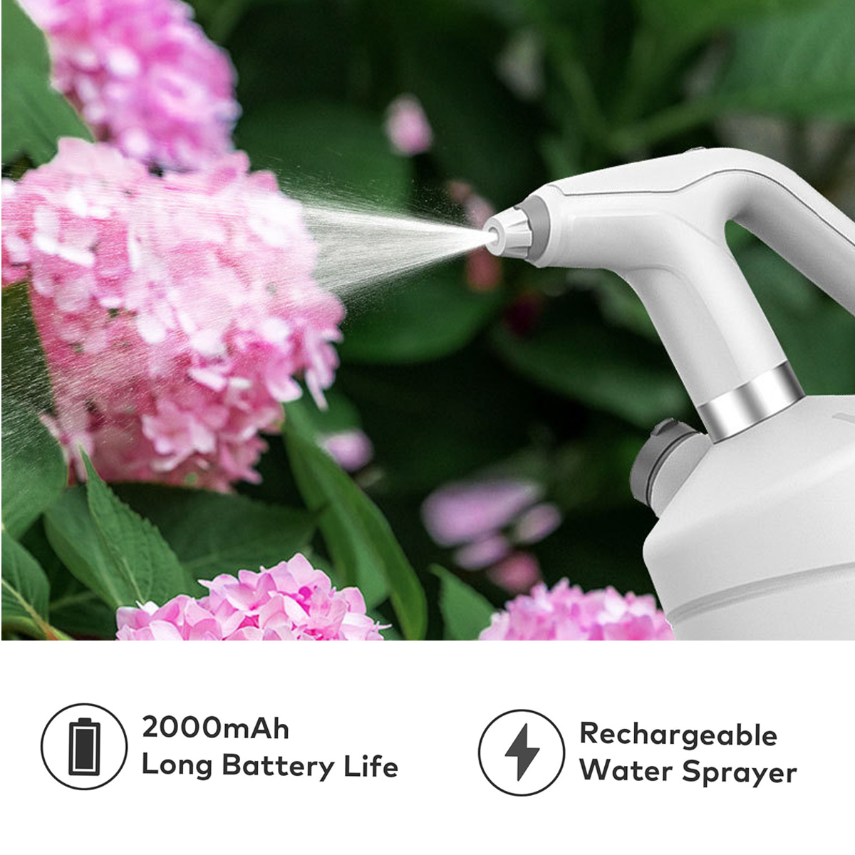 Ein weißer Sprüher befeuchtet rosa Blumen. "2000mAh lange Akkulaufzeit" ist zu sehen.