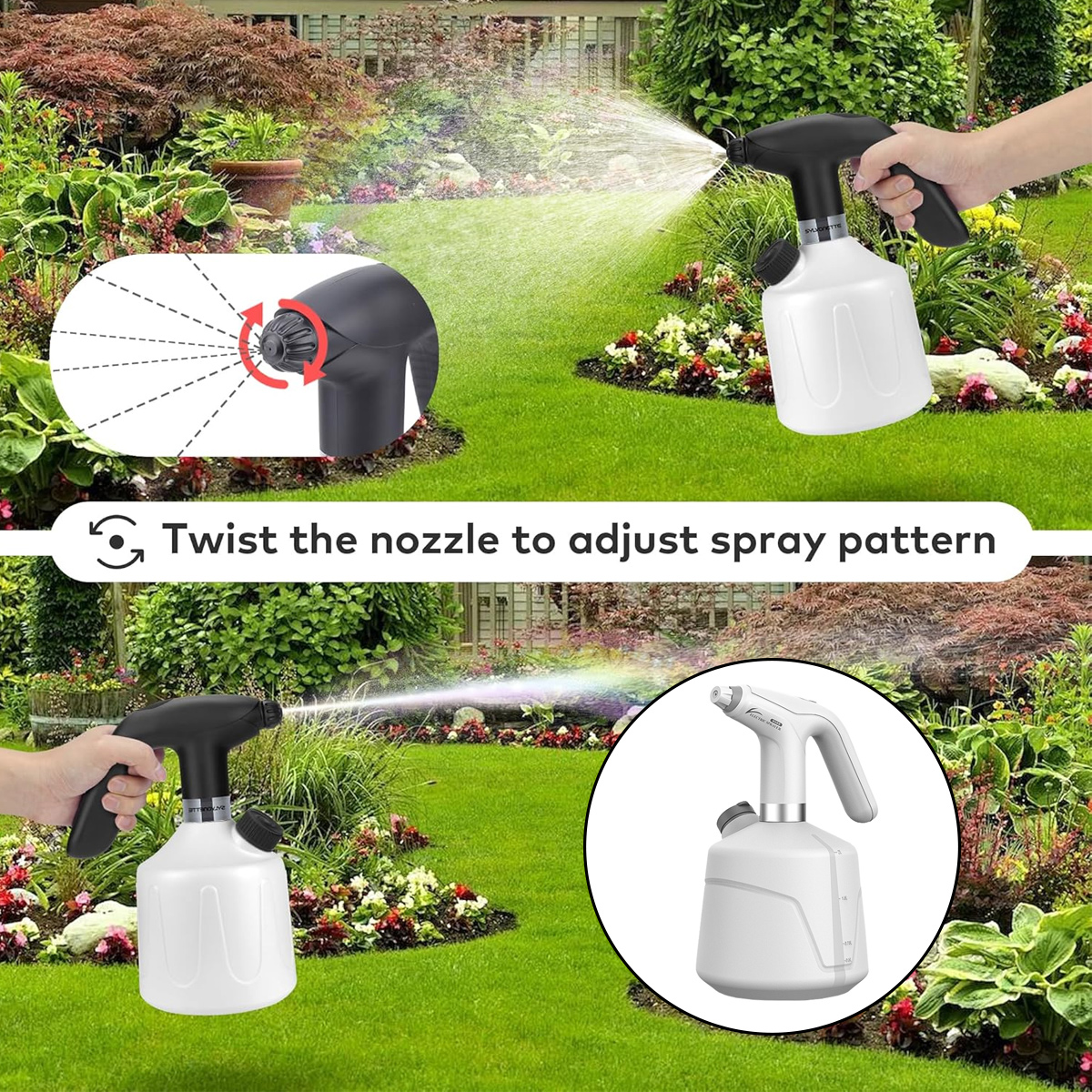 Elektrische Sprühflasche in Betrieb im Garten, zeigt verstellbares Sprühmuster.