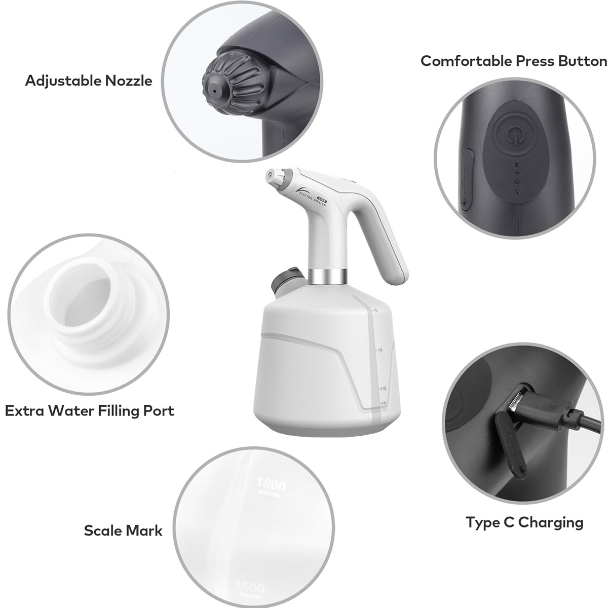 Weißer elektrischer Sprüher mit verstellbarer Düse, Einfüllstutzen, Skala, Power-Taste und USB-C-Lade.