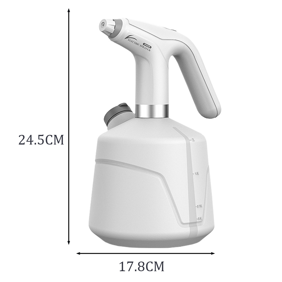 Ein weißer elektrischer Sprüher mit Messungen von 24,5 cm Höhe und 17,8 cm Breite.