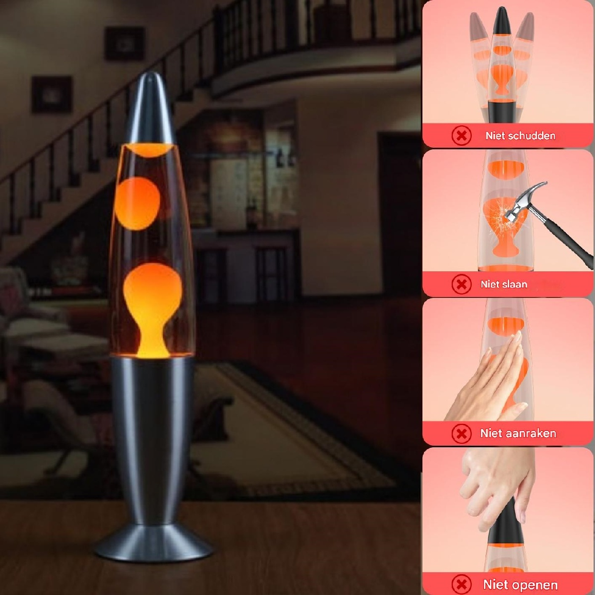 Eine Lava-Lampe mit orangefarbener Lava steht auf einem Holztisch. Daneben sind Warnhinweise.