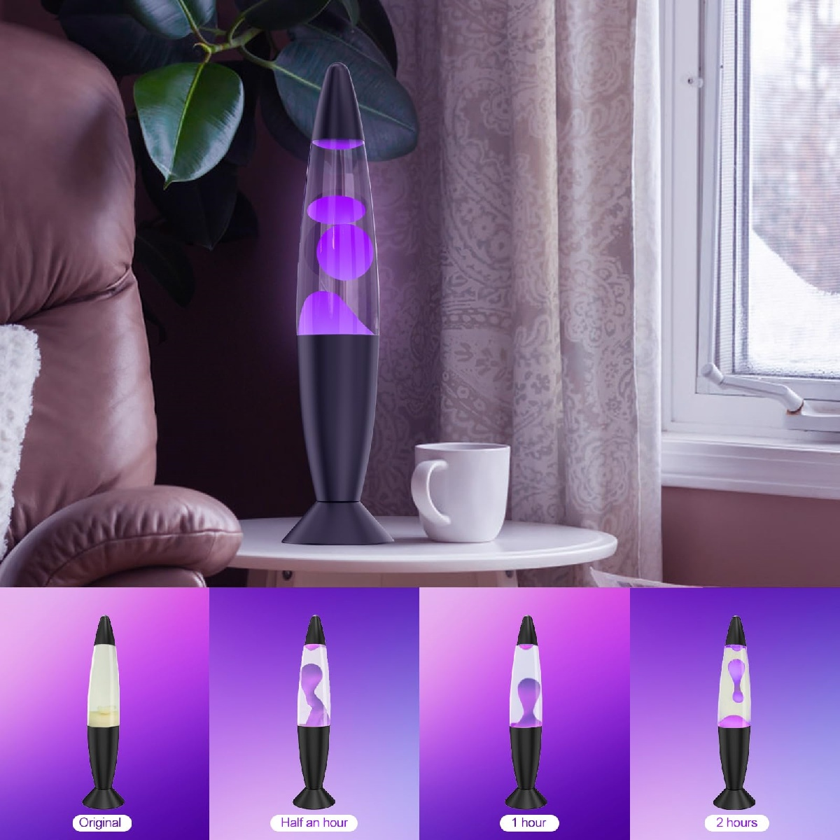 Lava-Lampe mit lila Blasen neben einer Tasse auf einem Beistelltisch.