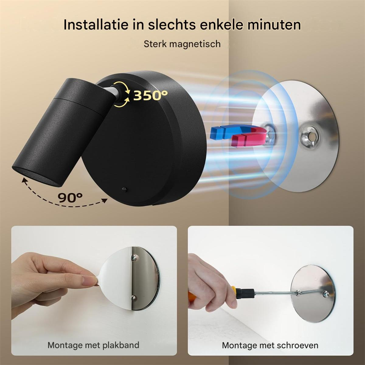 Schwarz verstellbare Lampe mit 350° drehbar. Montage mit Klebeband oder Schrauben.