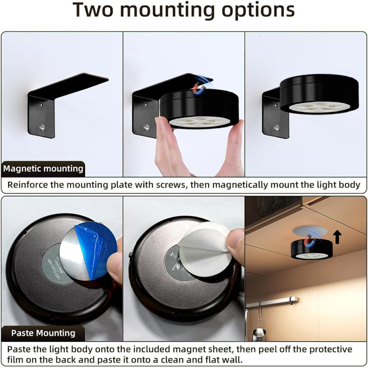 Schwarze Magnet- und Klebebefestigungsoptionen für ein rundes LED-Licht.