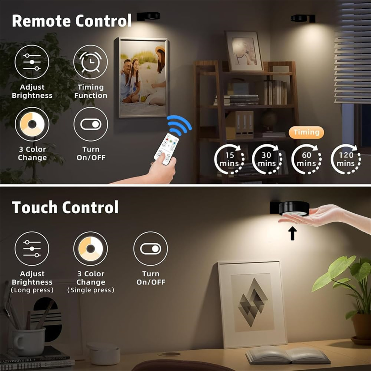 Fernbedienung und Touch-Steuerung für Lichter mit Helligkeits-/Farb-/Timer-Optionen.