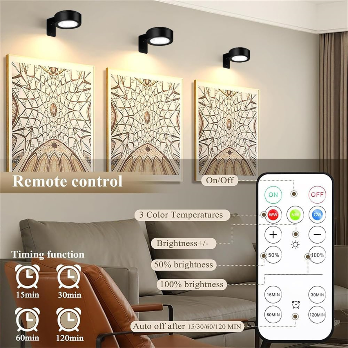 Fernbedienung für Lampen mit Timer und Helligkeitsregelung, drei Farboptionen.