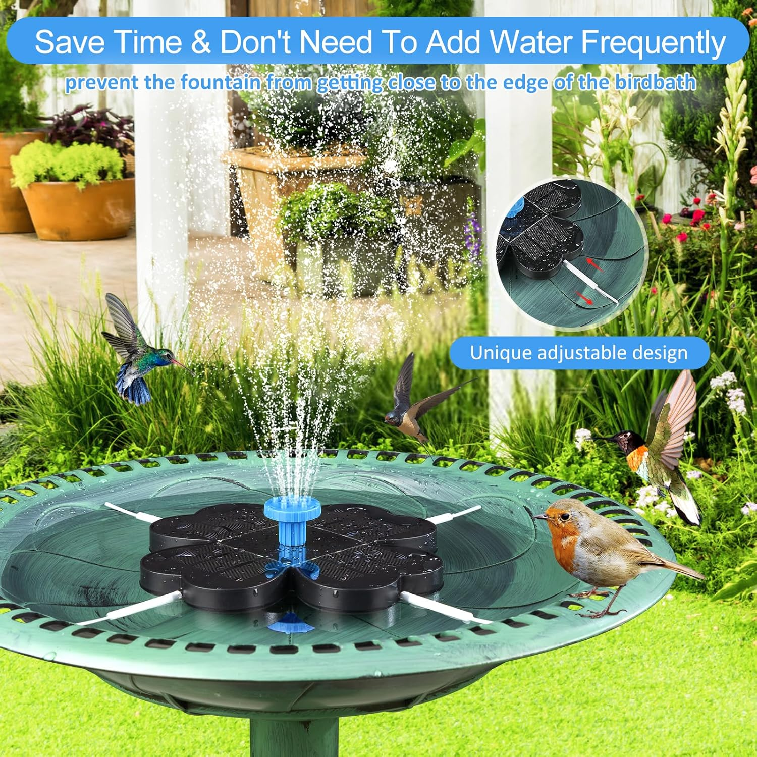 Ein Solarbrunnen mit Wassersprühfunktion in einem Vogelbad mit drei Vögeln.