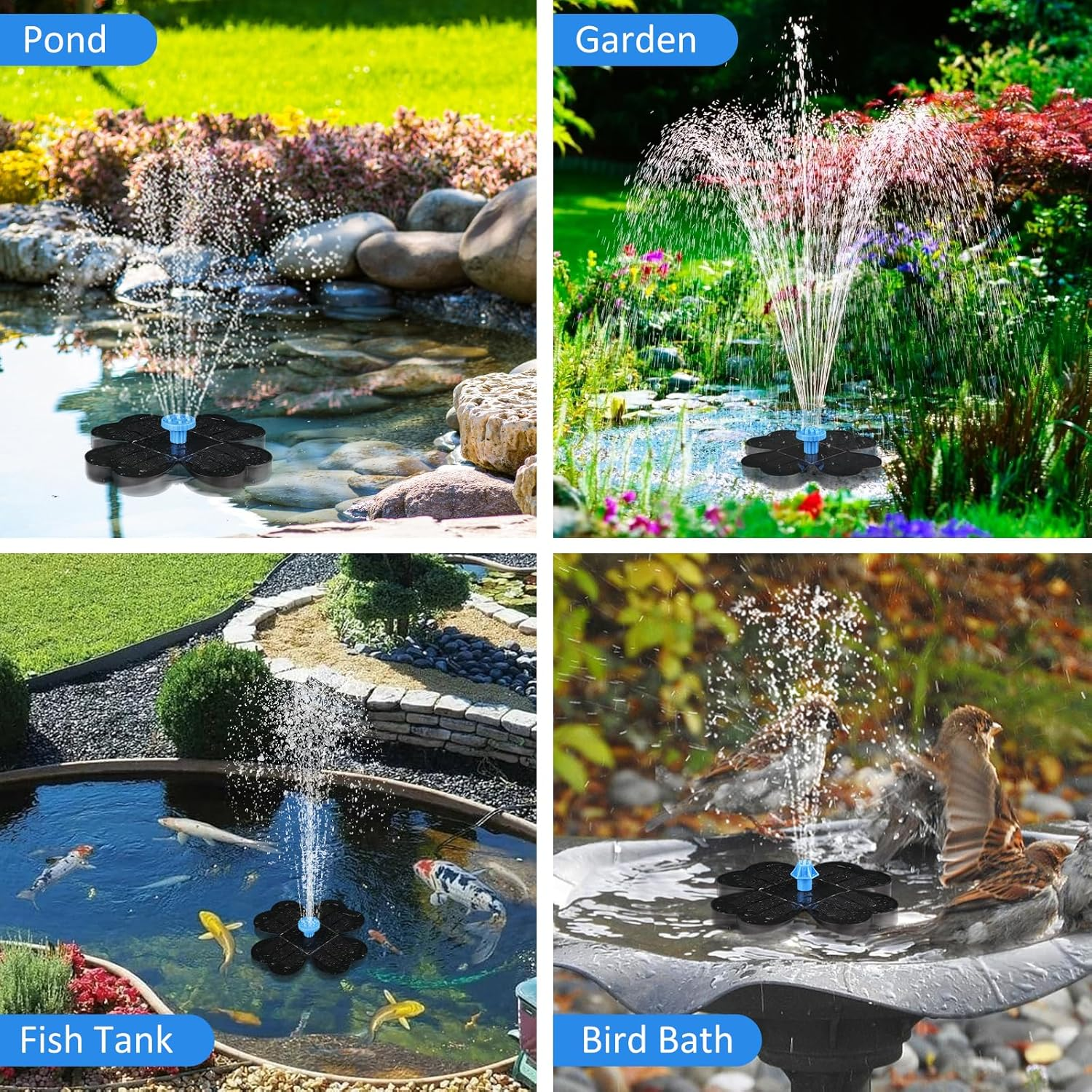 Vier Bilder zeigen Solarbrunnen in Teichen, Gärten und Vogelbädern.