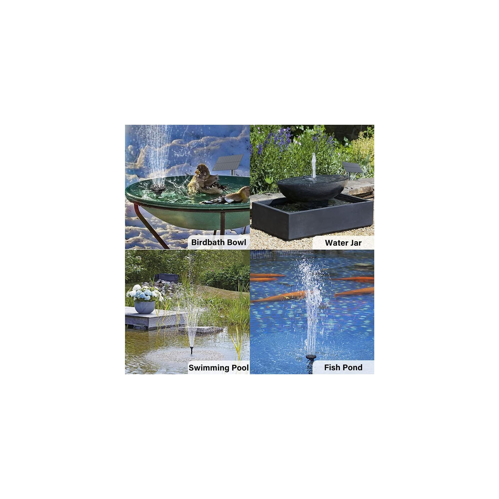 Vier Bilder von Wasserspielen: Vogelbad, Wasserbehälter, Teich und Fischteich.