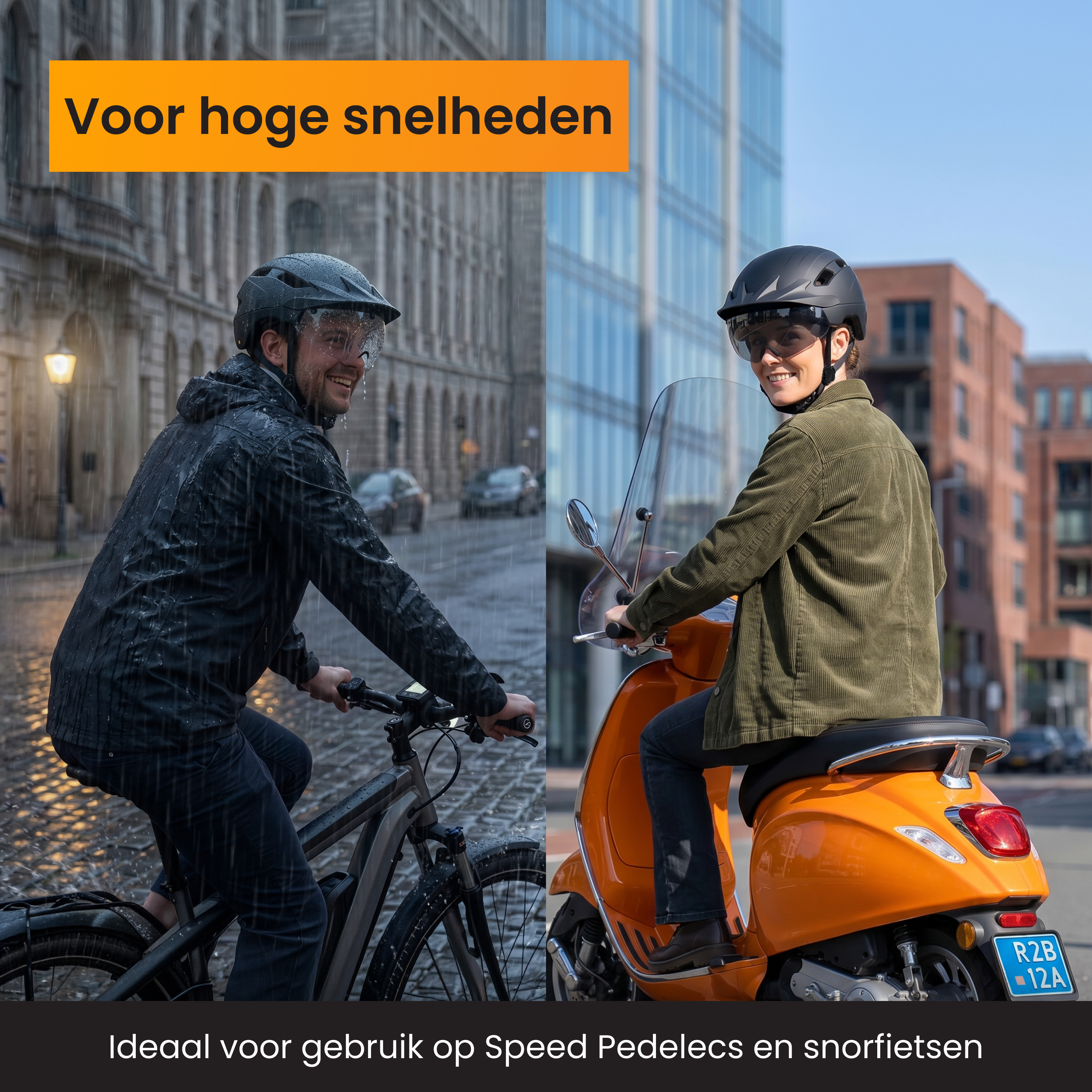 Homme à vélo sous la pluie, femme en scooter au soleil. Vue ville.