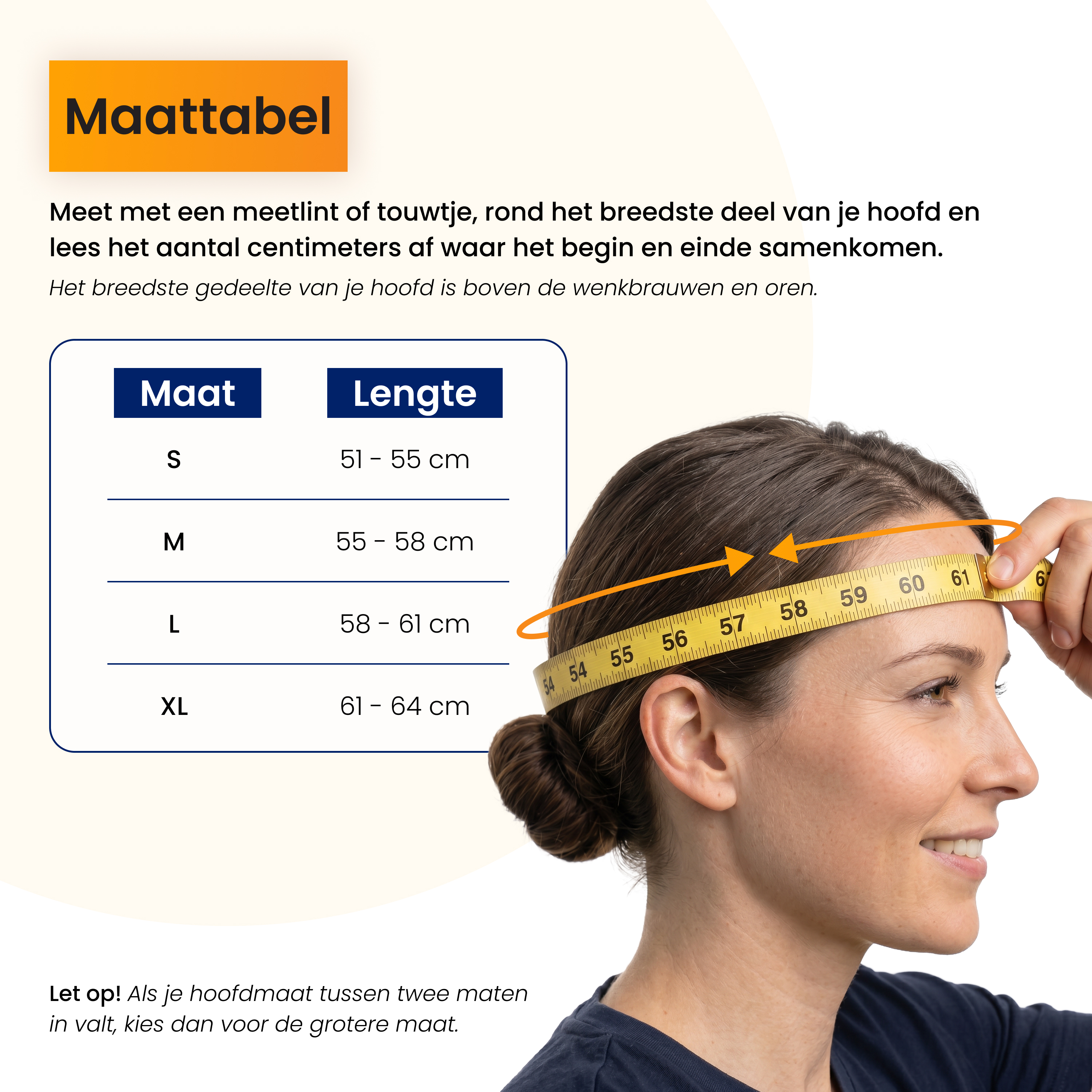 Tableau des tailles : Femme mesure le tour de tête avec un mètre. Tailles S-XL.