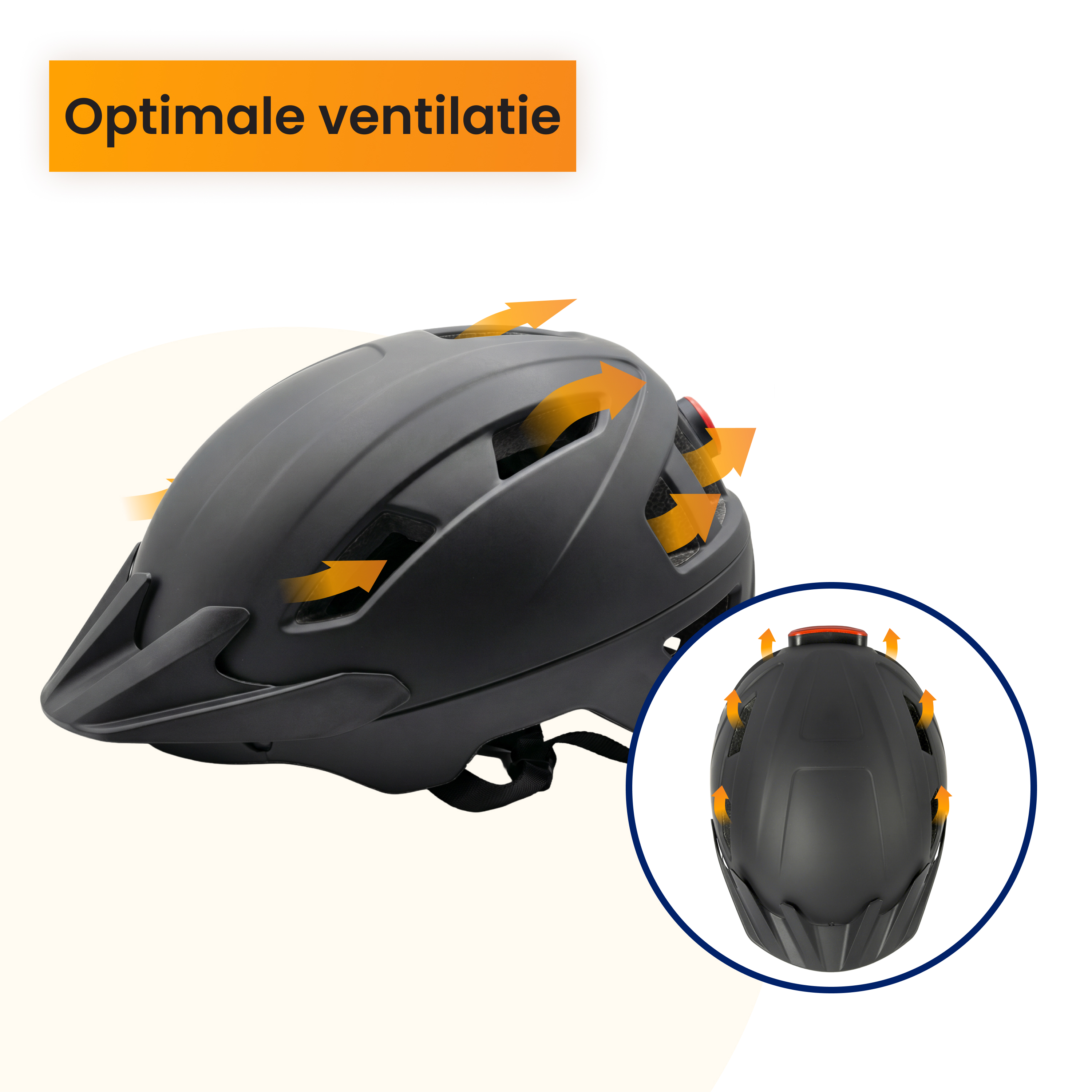 Casque de vélo noir avec des flèches oranges indiquant la ventilation.