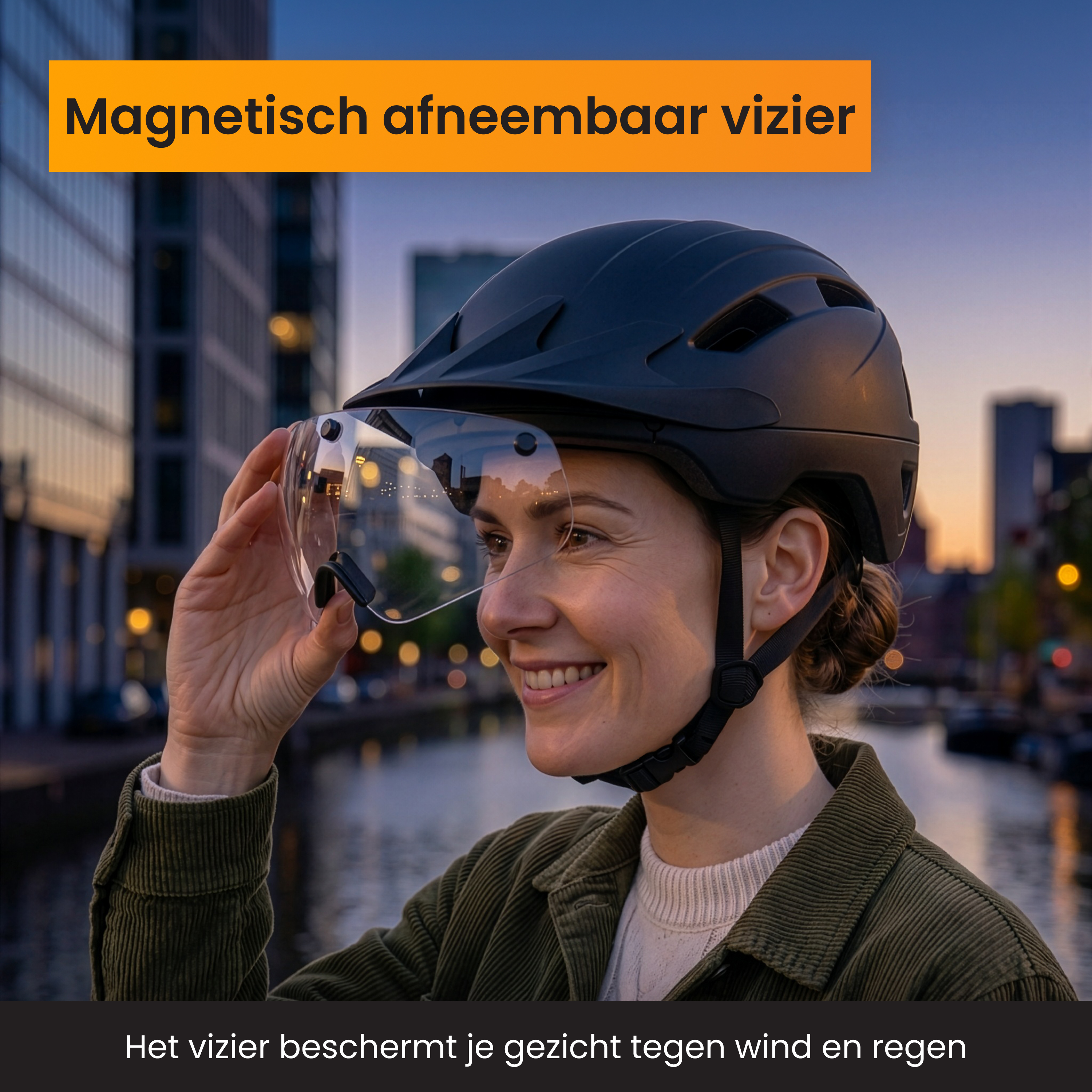 Une femme portant un casque et une visière sourit avec un paysage urbain derrière.