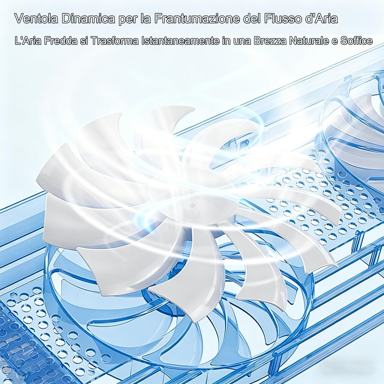 Ein weißer Ventilator mit blauen transluzenten Flügeln dreht sich in einer blauen Gitterstruktur und zeigt Luftströme.