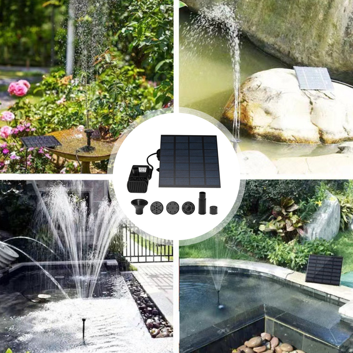 Solarbetriebene Springbrunnen-Kits in verschiedenen Umgebungen mit Zubehör.