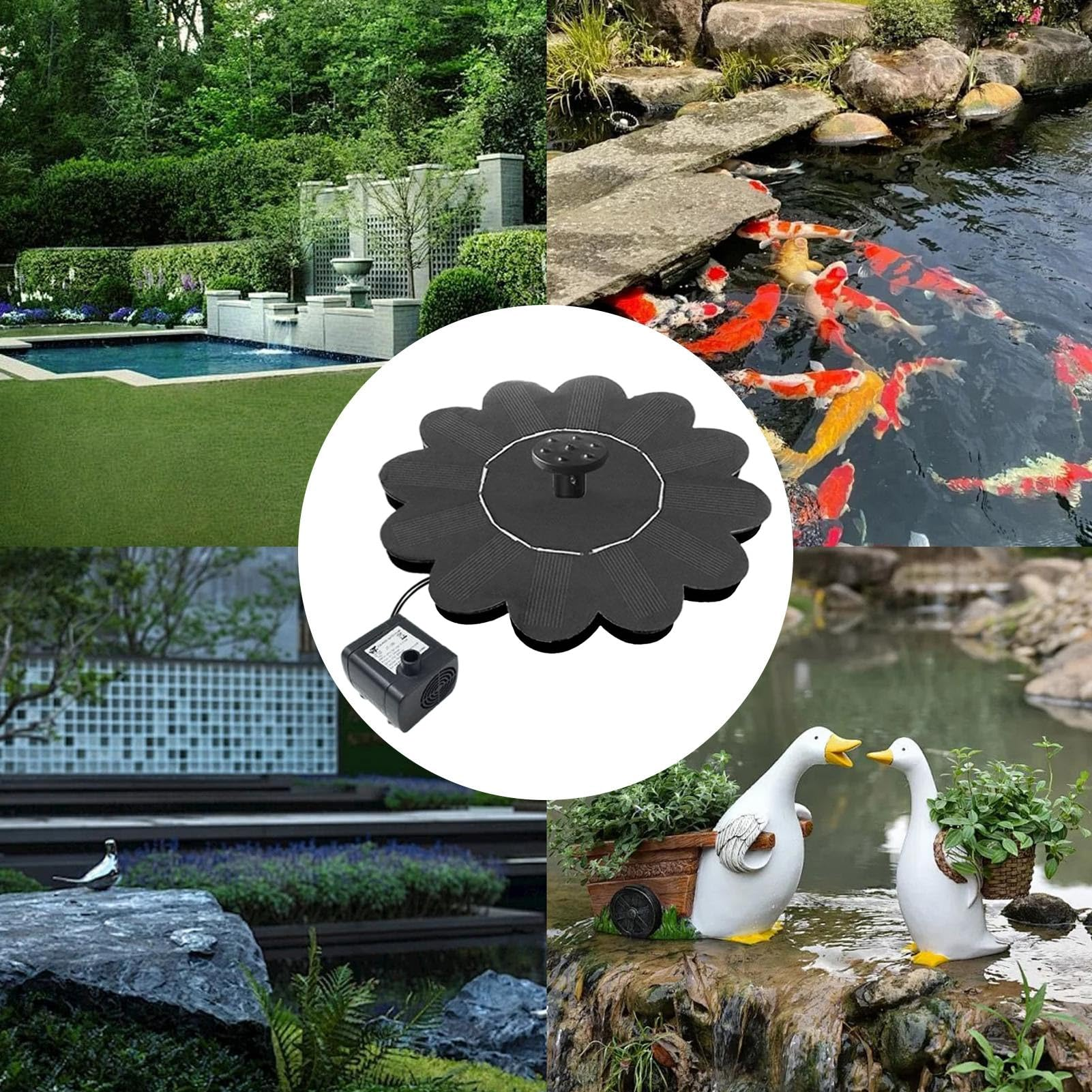 Ein Solarbrunnen mit Blumenform und Pumpe, umgeben von Gartenszenen.
