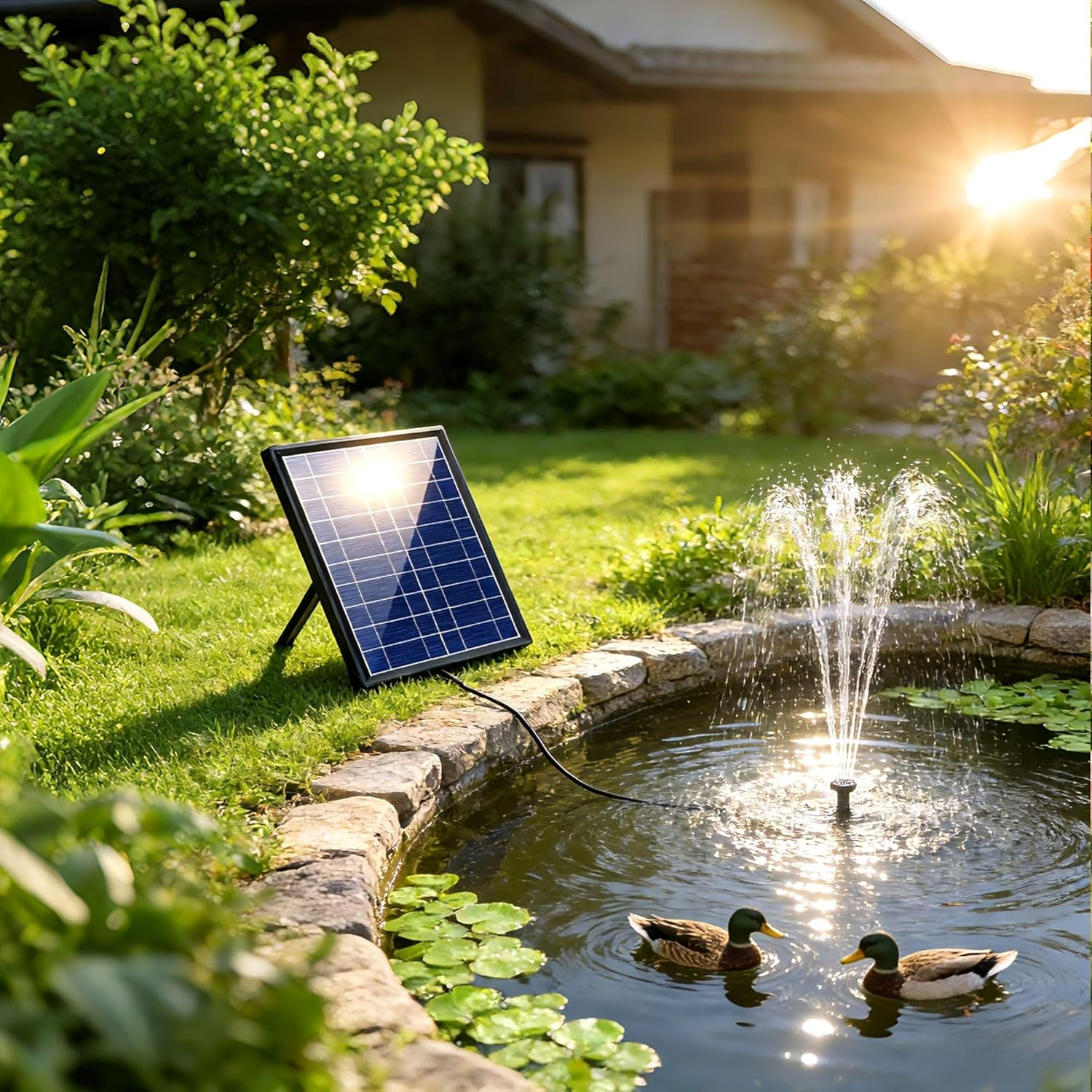 Zwei Enten schwimmen in einem Teich mit einem solarbetriebenen Brunnen und einem Solarpanel.