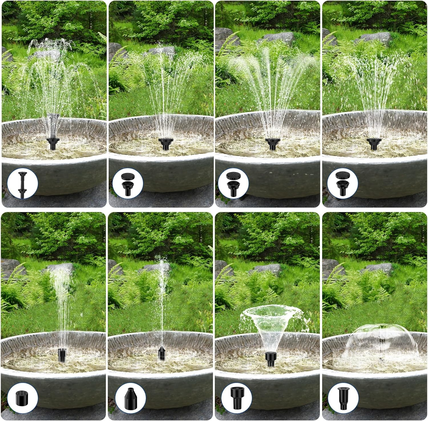 Brunnen mit verschiedenen Wasserdüsen-Effekten in einem Steintrog.