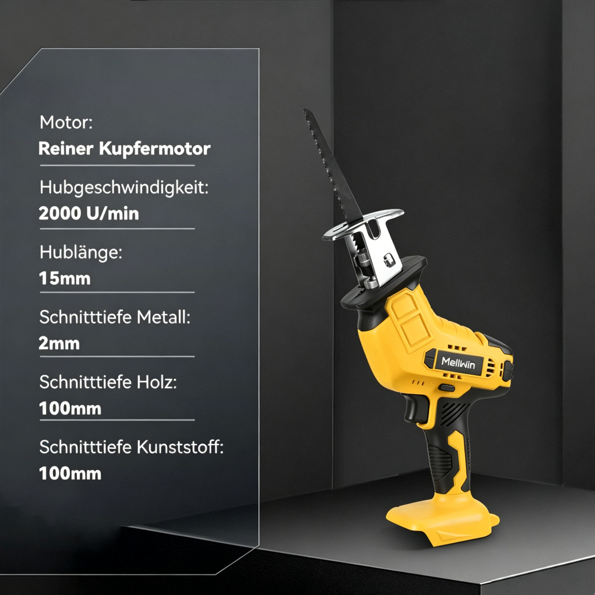 Gelbe Stichsäge mit schwarzem Griff, technische Daten auf Deutsch links.