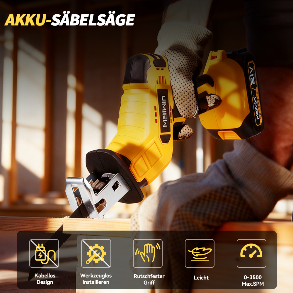 Gelbe und schwarze Akku-Säbelsäge mit Akku, schneidet Holz. Mit Symbolen.