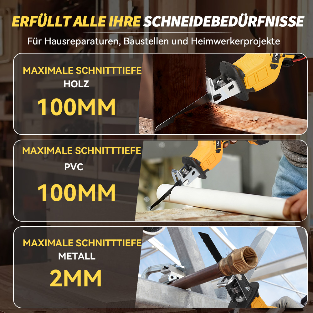 Säge schneidet Holz, PVC und Metall mit maximalen Schnitttiefen.