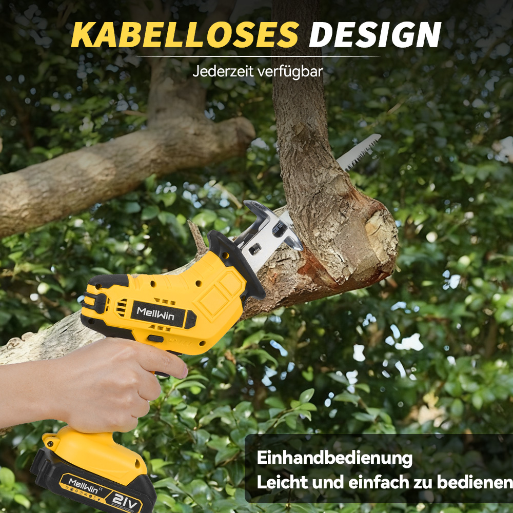 Eine gelbe Säge wird benutzt, um einen Ast abzuschneiden.