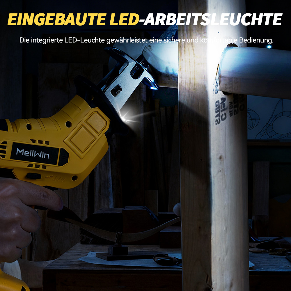 Gelbe Säbelsäge mit integrierter LED-Leuchte beleuchtet Holz.