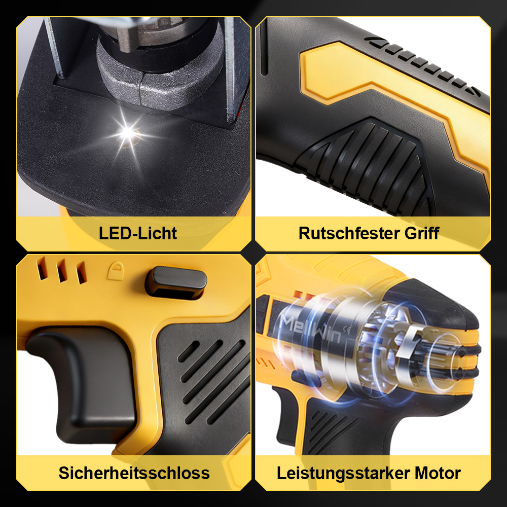 Collage von gelben und schwarzen Elektrowerkzeug-Merkmalen: LED-Licht, rutschfester Griff, Sicherheitsschloss, Motor.