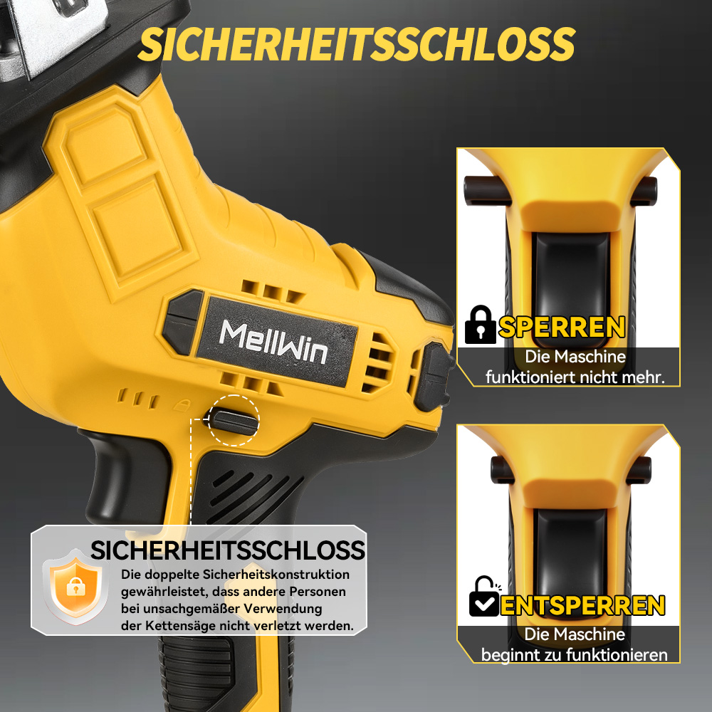 Gelbe Kettensäge mit Sicherheitsschloss-Symbolen und Text in Deutsch.