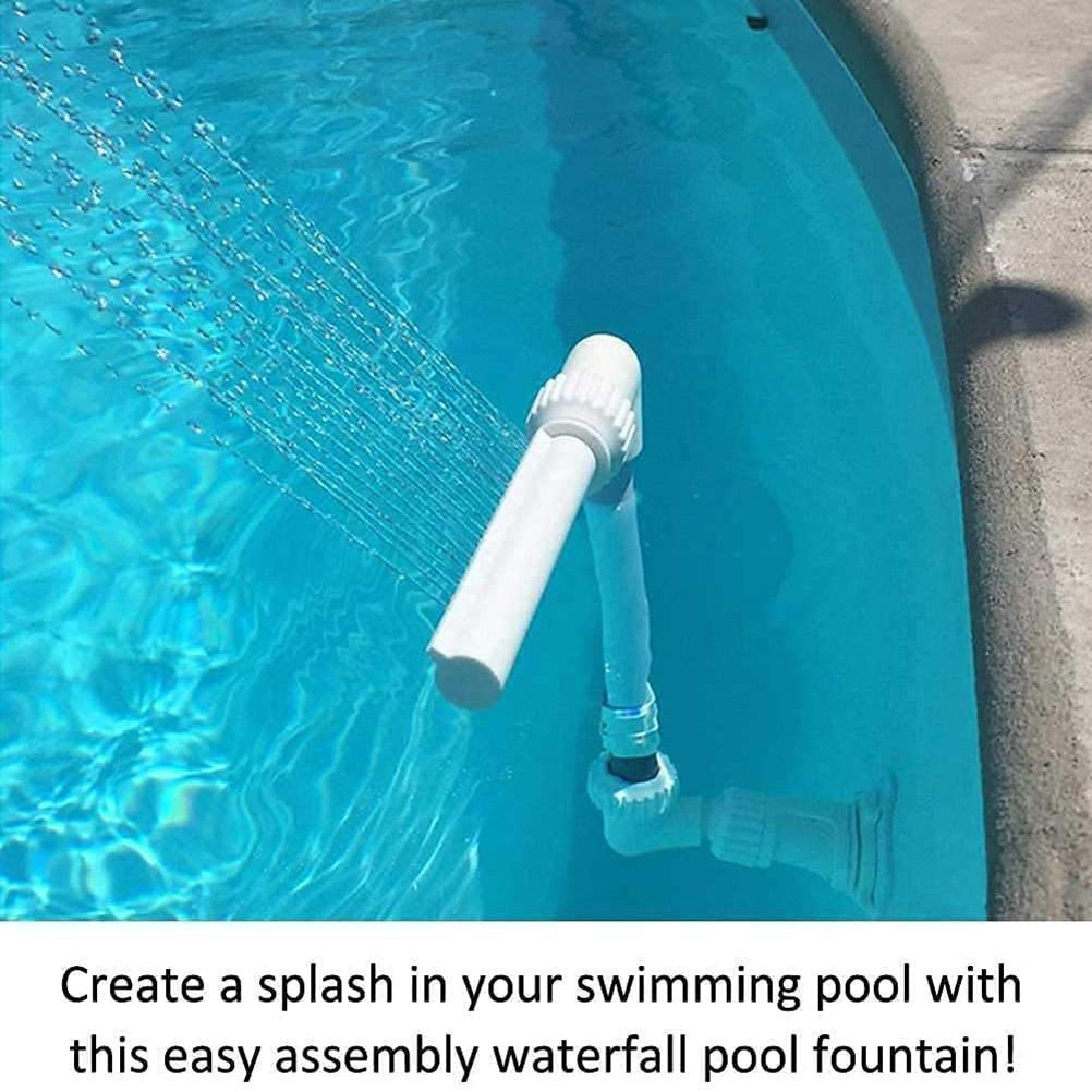 Ein weißer Poolbrunnen spritzt Wasser in einen blauen Pool.