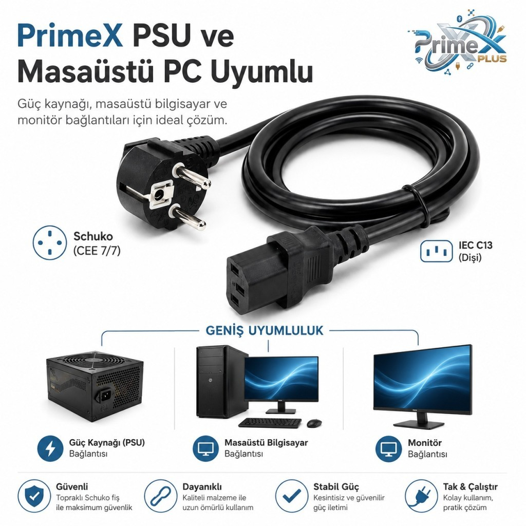 PC ve monitör için Schuko fişli ve IEC C13 konnektörlü siyah güç kablosu.