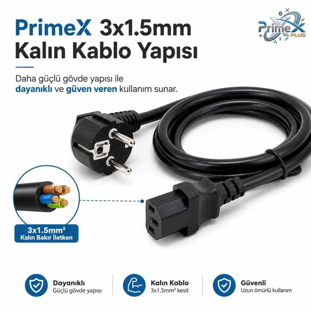 Euro fişli ve IEC konnektörlü siyah güç kablosu, 3x1,5mm.
