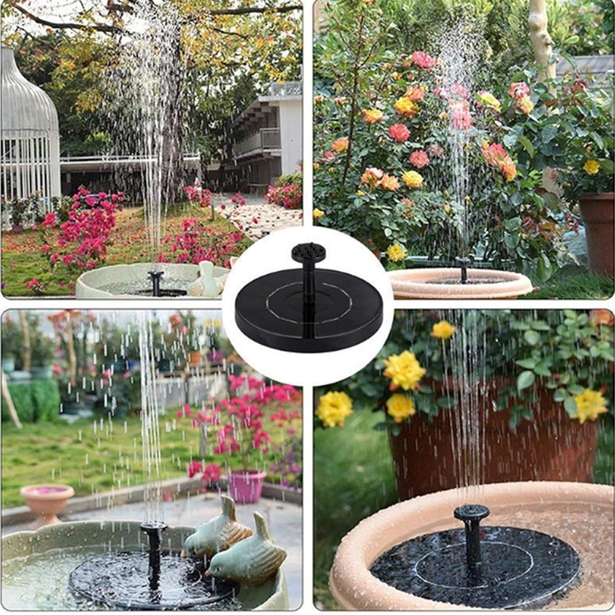 Solarbetriebene Teichpumpe mit Wasserspiel in verschiedenen Gartenszenen.