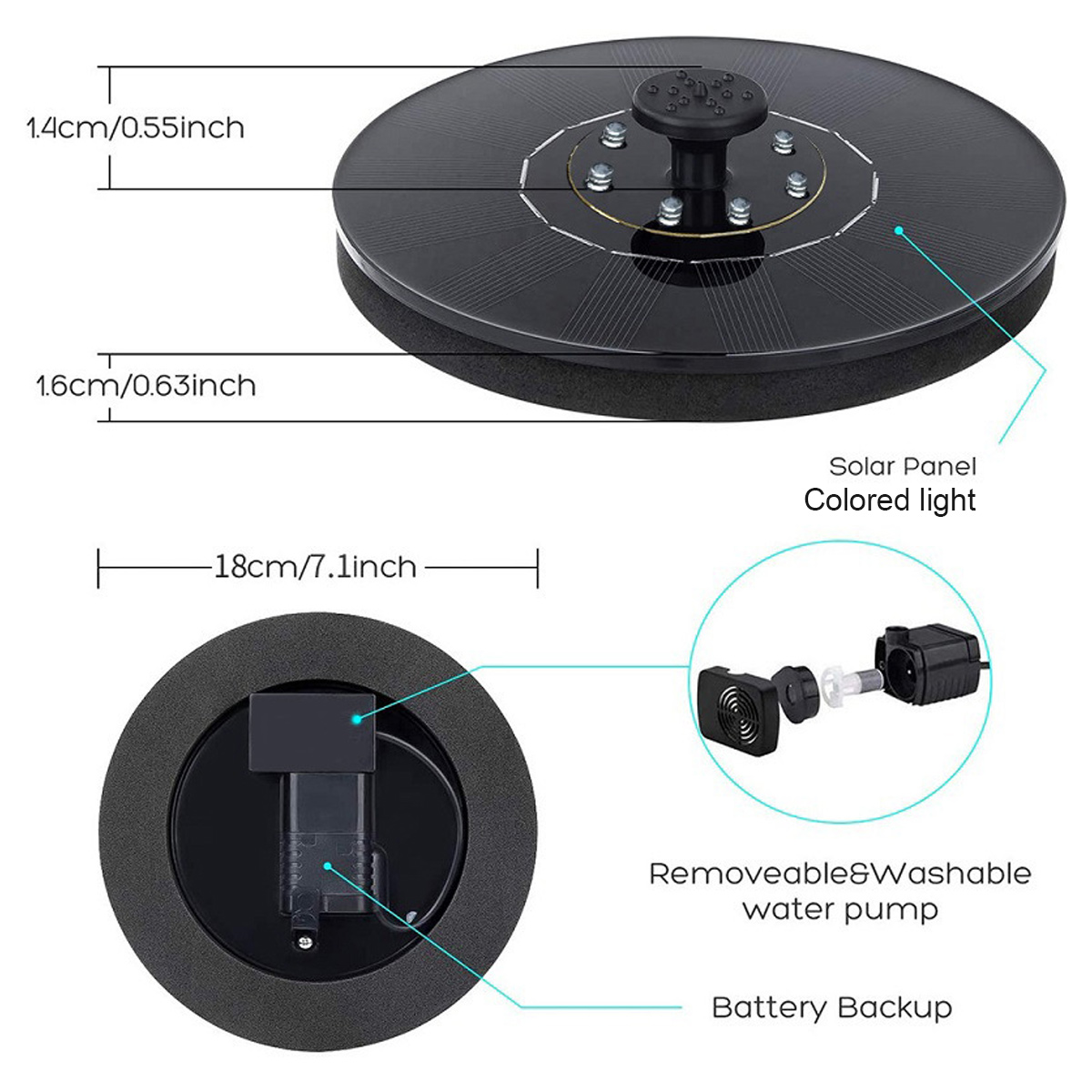 Schwarzer Solarbrunnen mit abnehmbarer Pumpe und Batterie-Backup.
