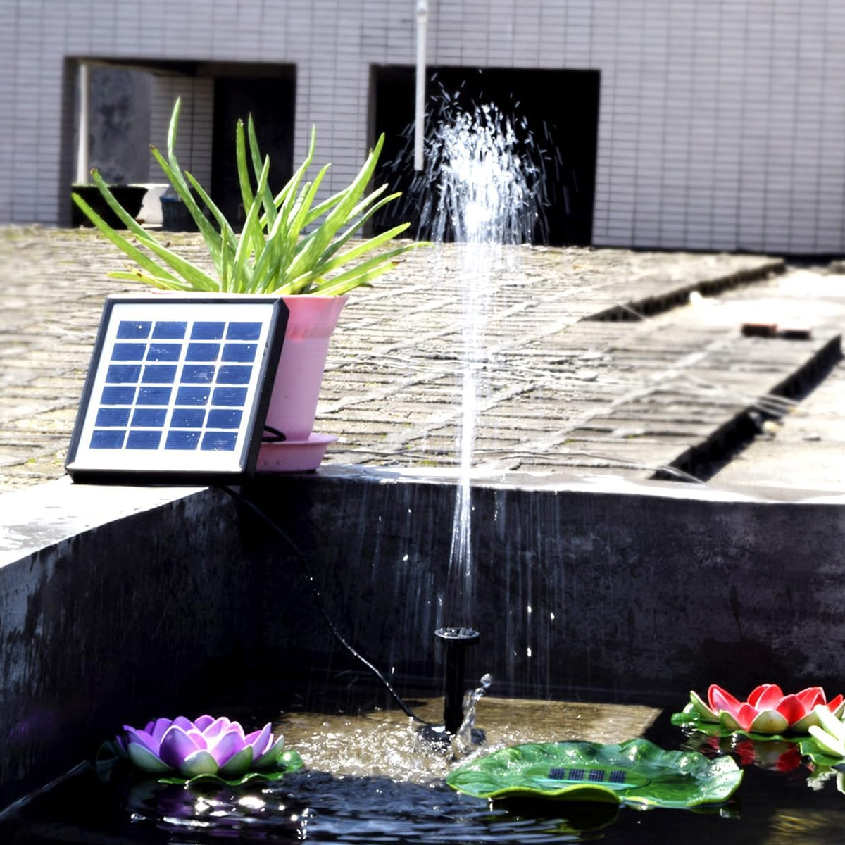 Ein Solarpanel steht neben einem Topf mit einer Pflanze, daneben sprudelt ein kleiner Brunnen.