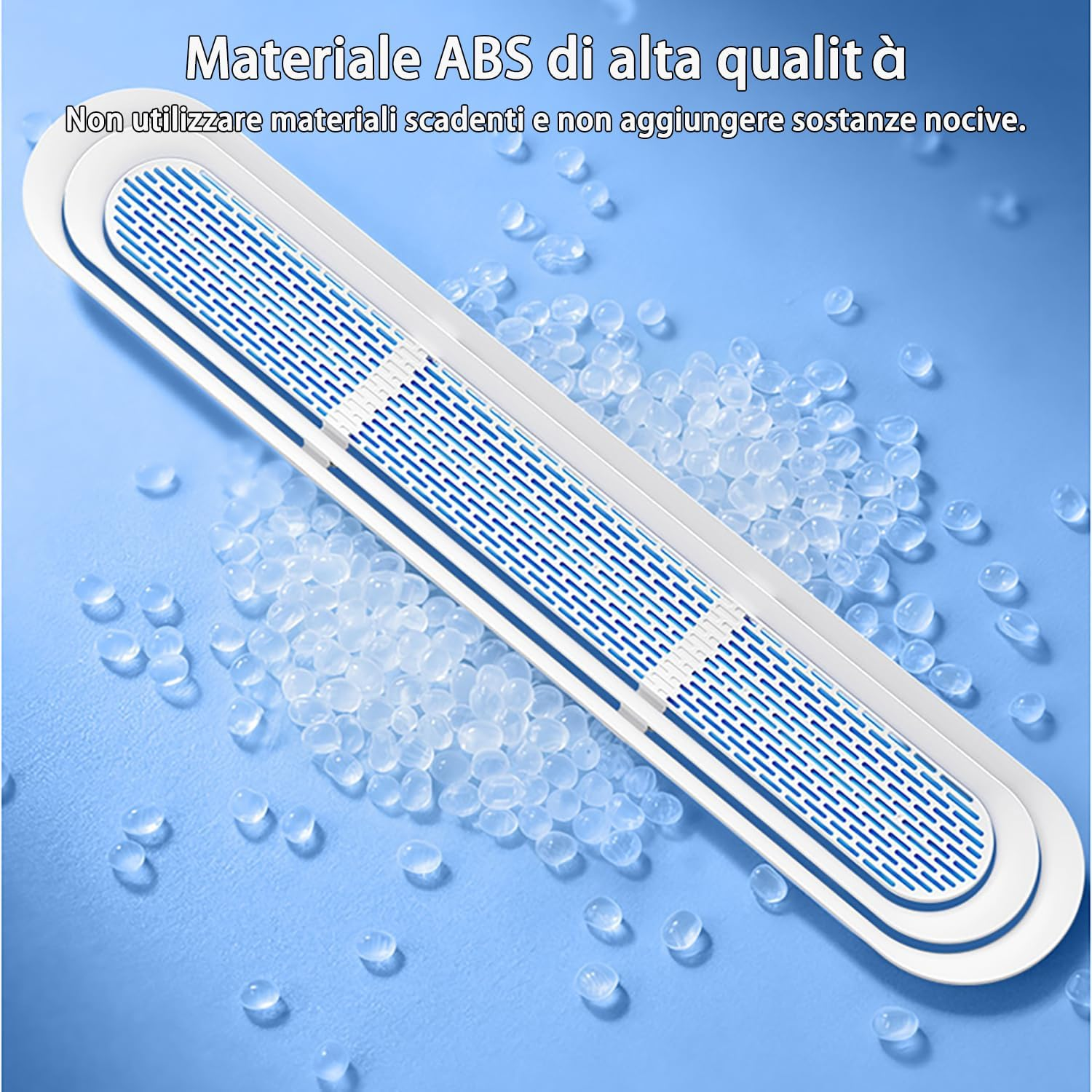 Ein weißer ABS-Filter mit blauen Gittern, umgeben von transparenten Kügelchen.