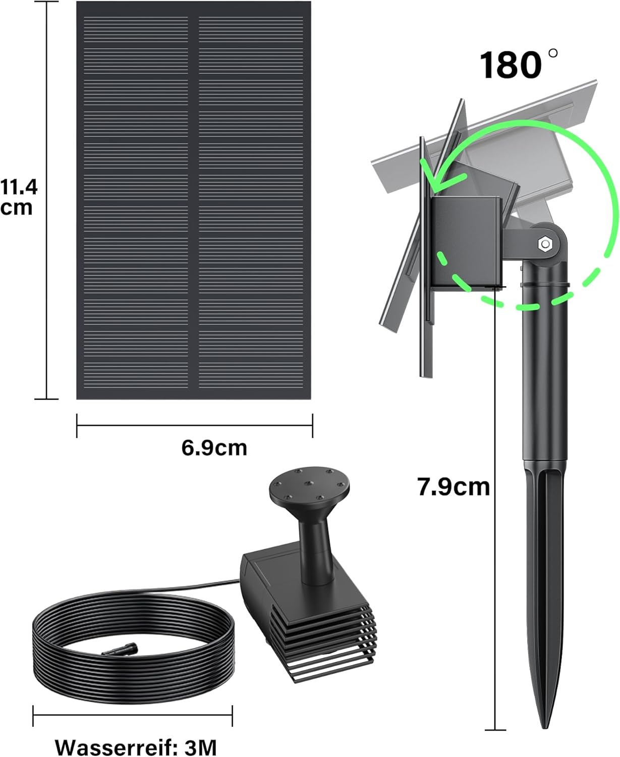 Solarpanel, verstellbare Halterung, Pumpe und Spulenkabel mit Maßen.