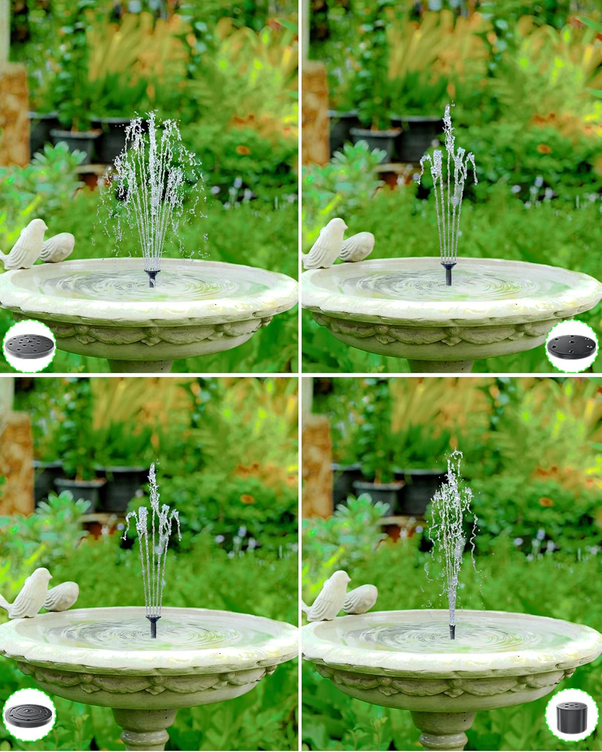 Ein Vogelbad mit einem Wasserspiel in einem Garten. Vier Ansichten mit verschiedenen Aufsätzen.