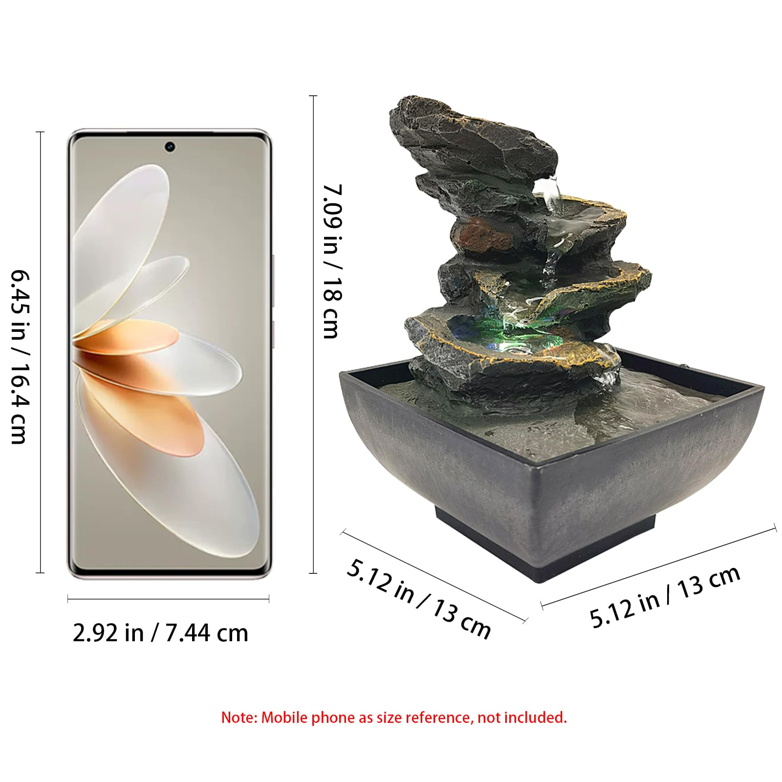 Ein Smartphone und ein kleiner Felsbrunnen sind abgebildet. Maße sind angegeben.