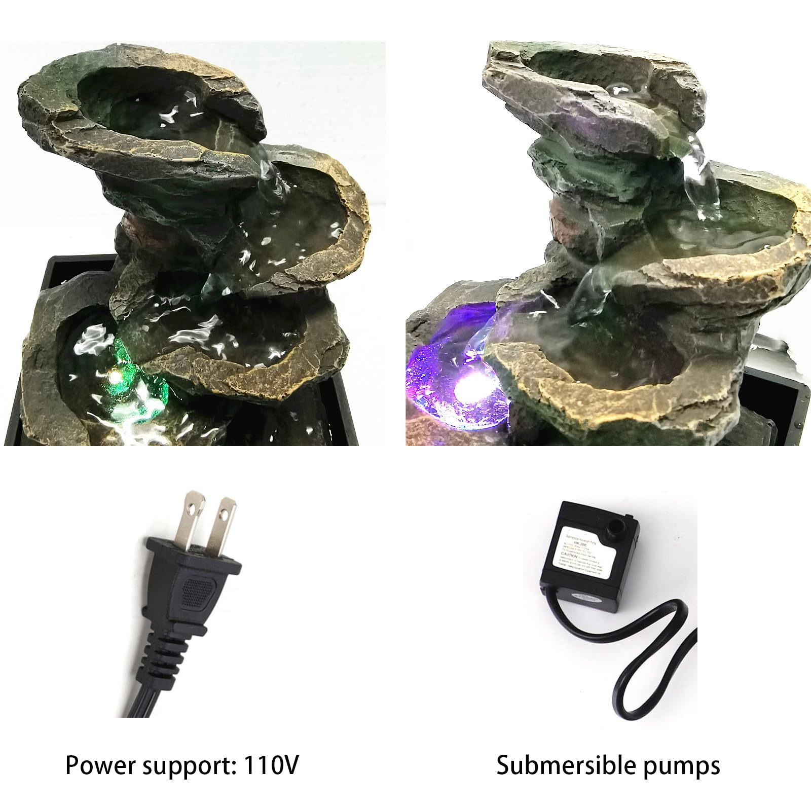 Ein Mini-Brunnen mit Felsen, Wasser und Lichtern, Stromkabel und Pumpe.