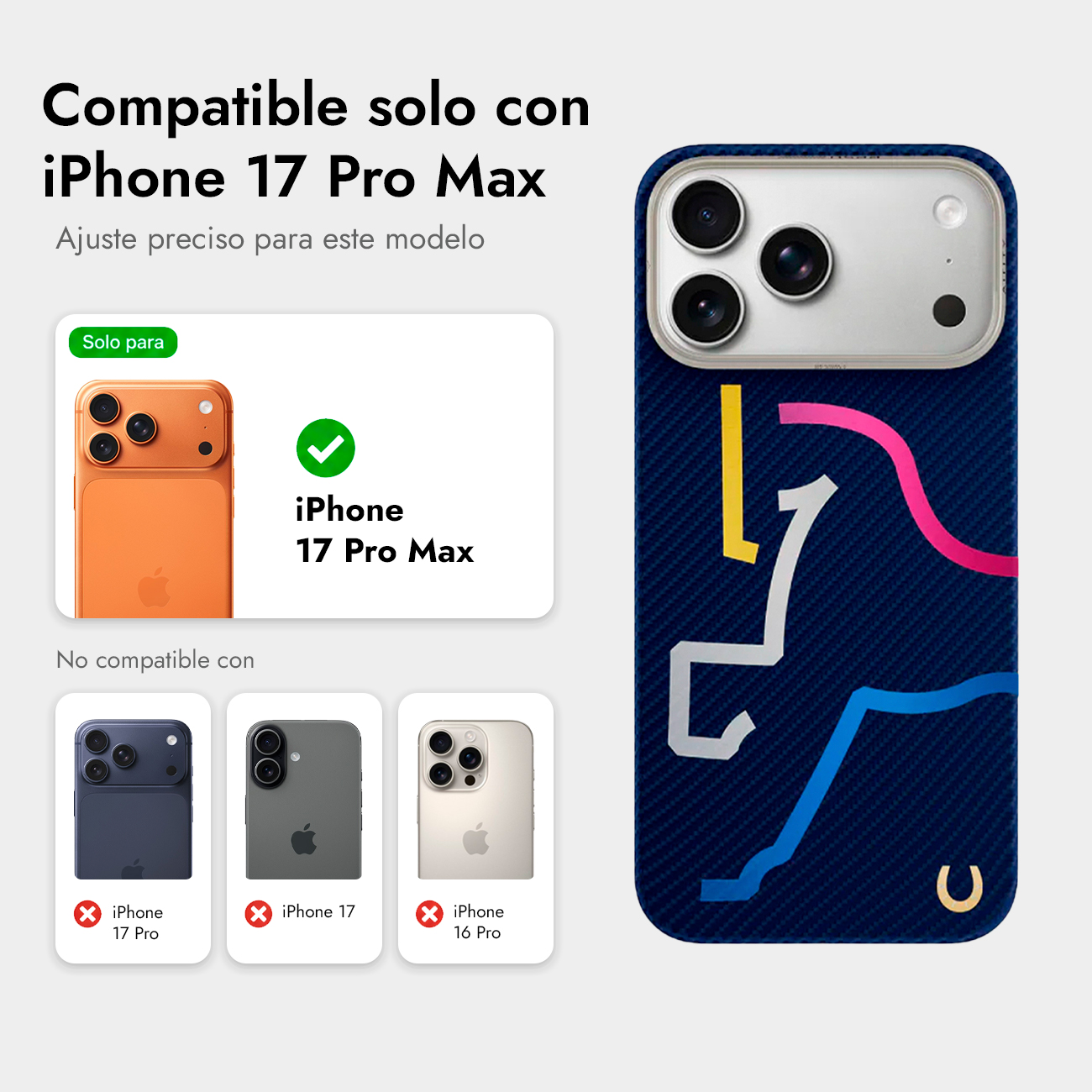 Compatible solo con iPhone 17 Pro Max. Funda azul con diseño de caballo.
