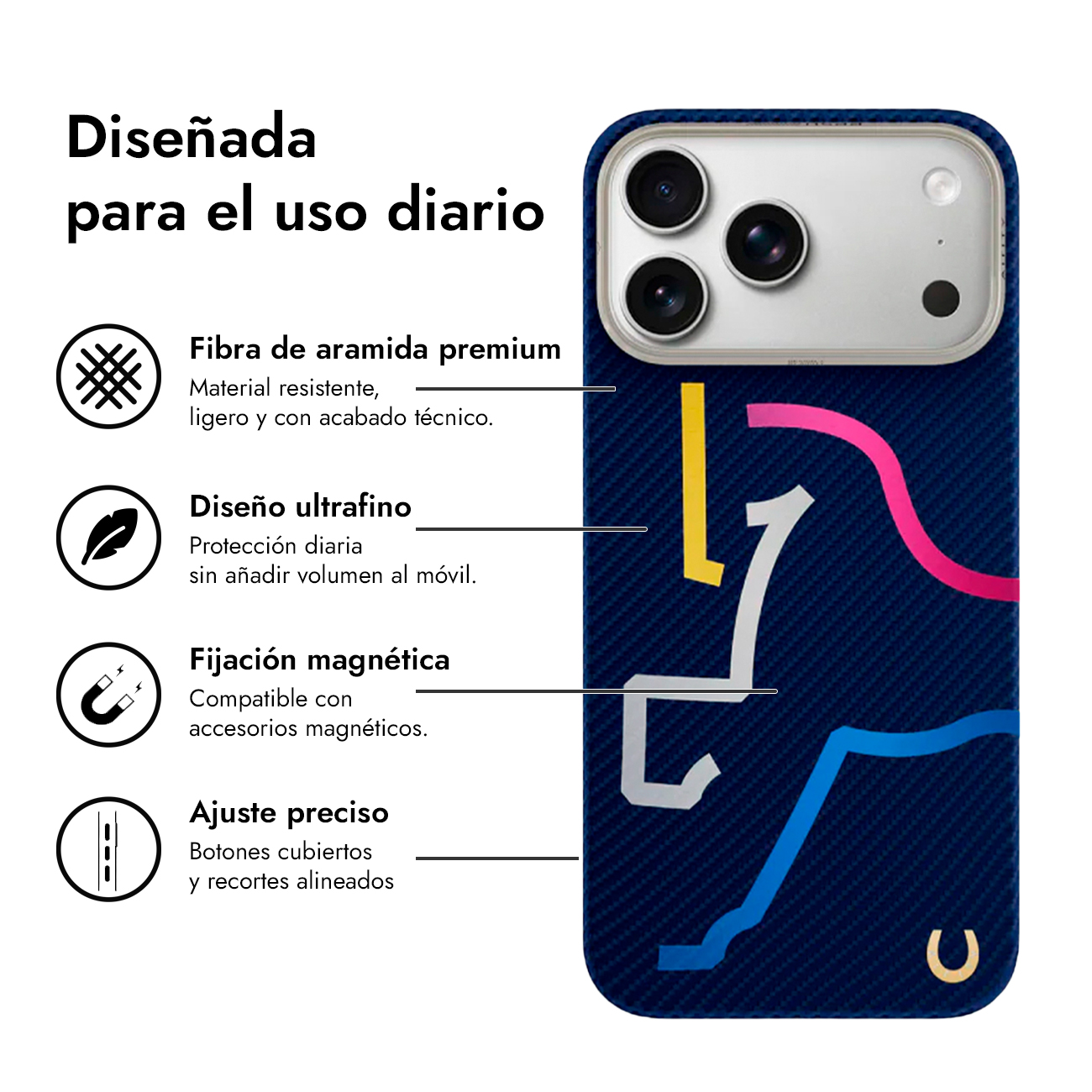 Funda de teléfono azul marino con gráfico de caballo y cámara iPhone.