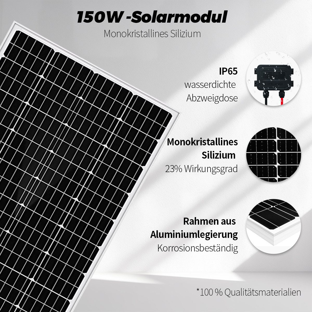 150W Solarmodul aus monokristallinem Silizium, 23% Wirkungsgrad, IP65 Dose.