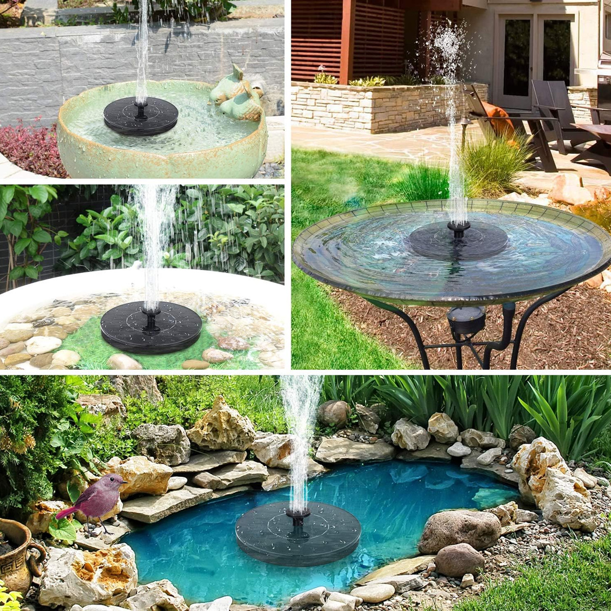 Collage von vier Bildern, die Solarbrunnen in verschiedenen Gartenszenen zeigen.