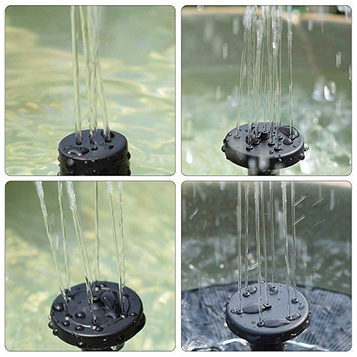 Vier Nahaufnahmen eines schwarzen Solarpumpen-Sprühkopfes, der Wasser in einen Pool sprüht.
