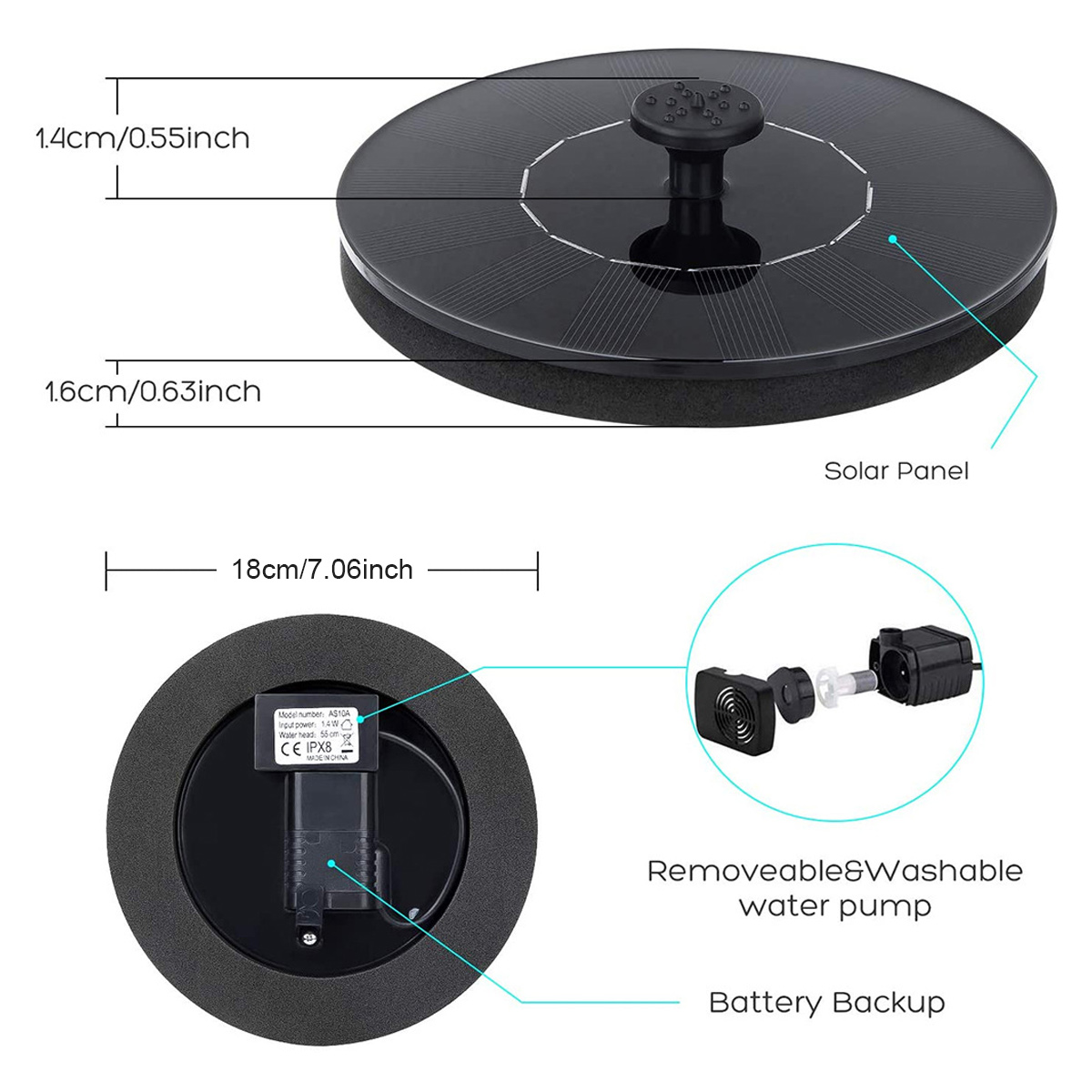 Solarpanel-Wasserpumpe mit Batterie-Backup und abnehmbarer Pumpe.