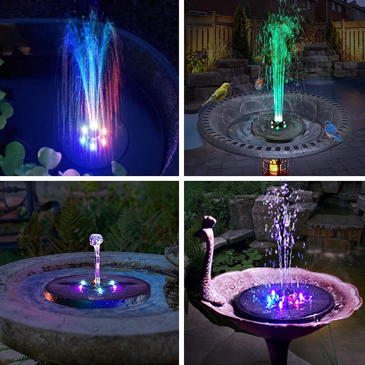 Vier solarbetriebene Springbrunnen mit bunten LED-Lichtern in Gartenszenen.