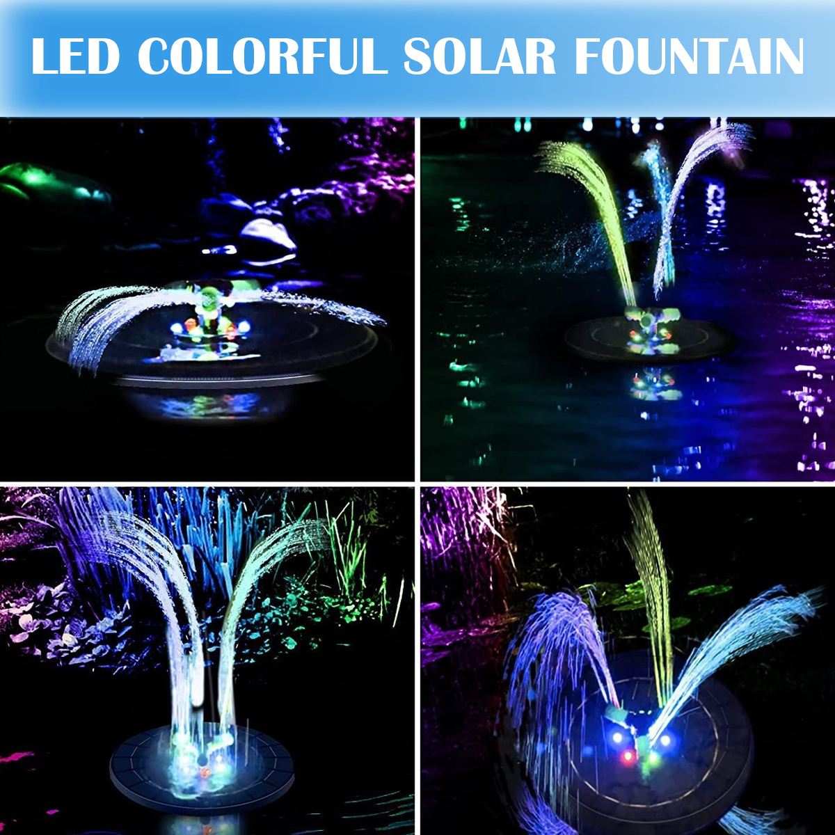 Vier bunte Solar-LED-Brunnen spritzen Wasser in einem Teich.