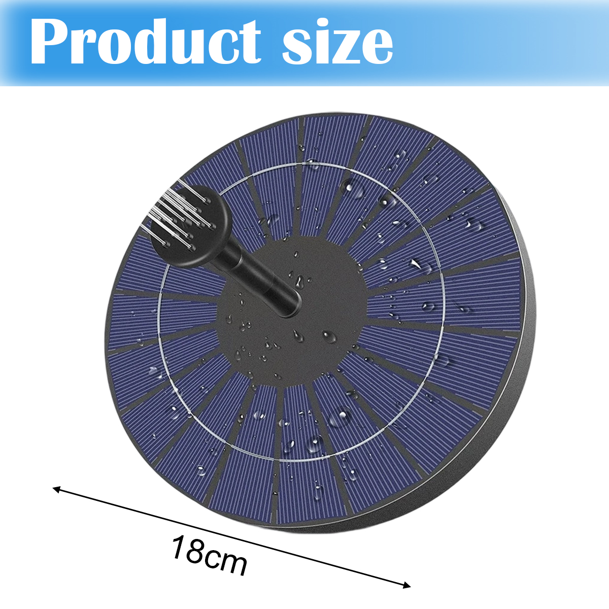 Rundes Solarpanel mit blauen Zellen, schwarzer Düse und angezeigter 18-cm-Größe.